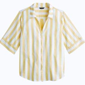 Yellow White Wide Stripe Short Sleeve Button-down Top